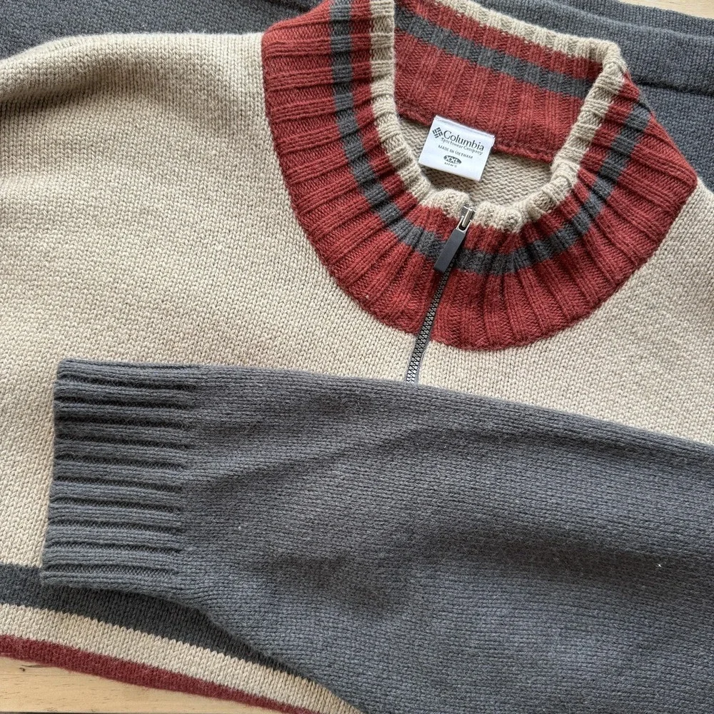 Columbia Sweater Mens 2XL Gray Red Half Zip Pullover Striped‎ Cotton Wool Knit
